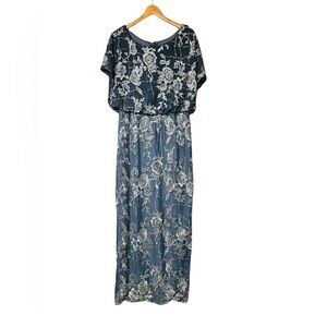 Alex Evenings Navy and Silver Floral Maxi Dress size 12 mother of the bride
